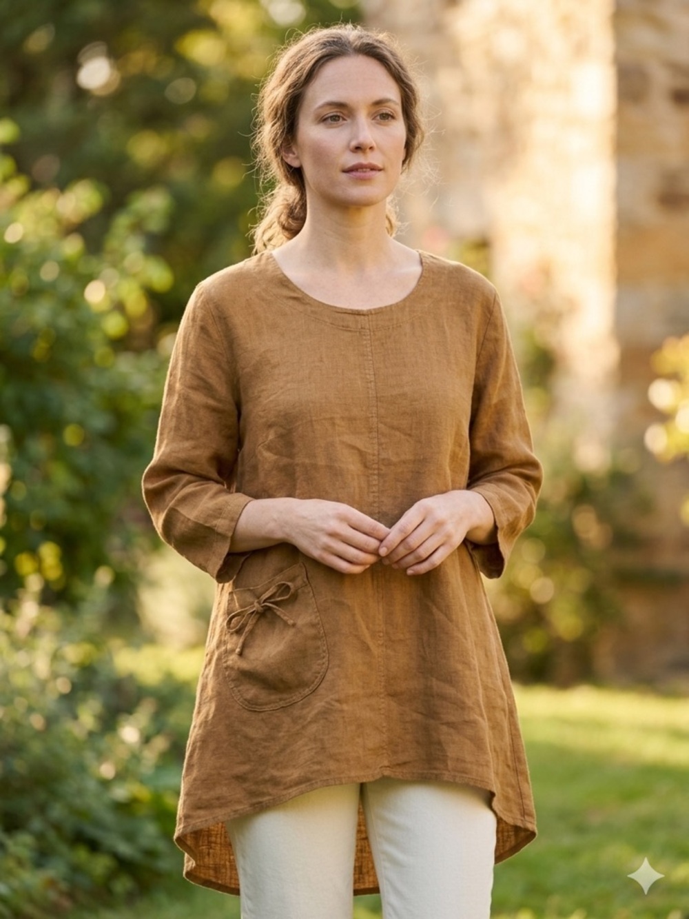Mosaic USA 100% Linen High-Low Tunic Top Pocket Brown Cognac Lagenlook Size M